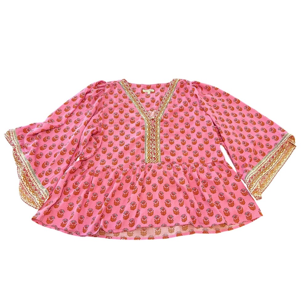 Mary Square Pink Floral Peplum Blouse XL Boho Embroidered V-Neck Puff Sleeve Top